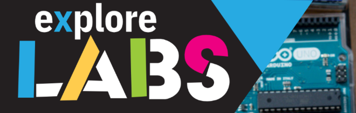 Logo for Explore Labs in primary colours with black background.