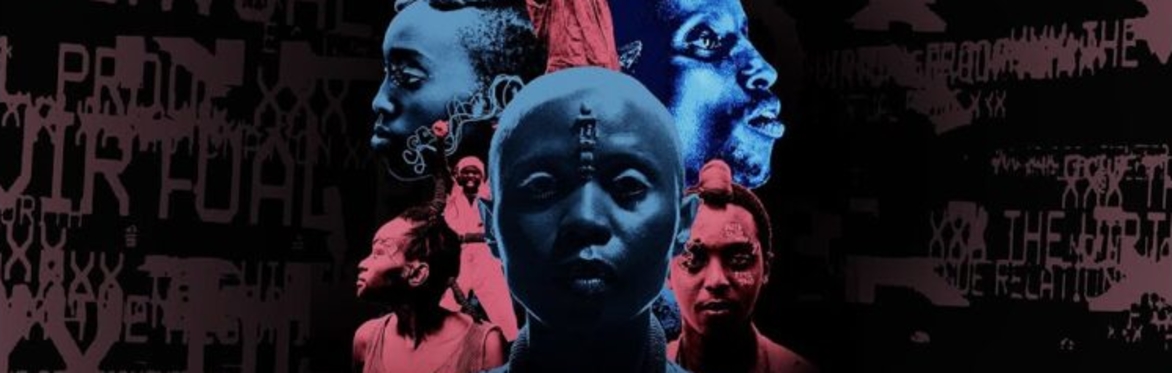 Poster of the movie Neptune Frost. There are red and blue coloured heads in a centred collage.