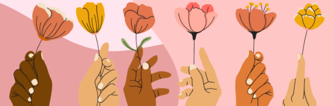 Illustrated image of six women's hands, holding up flowers in front of a pink backdrop.