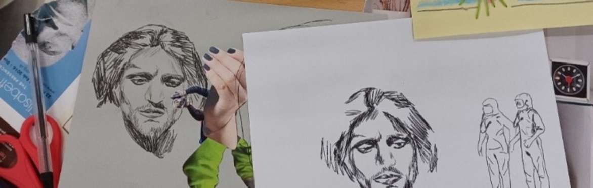 A cardboard gallery space featuring illustrated figures from Nottingham Mencap members’ artwork walking around and viewing artwork also created by Nottingham Mencap. Text floats in front.