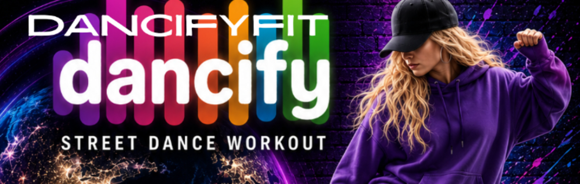 blonde haired dancer in purpple and black joggers, rainbow dancify logo in bright colours