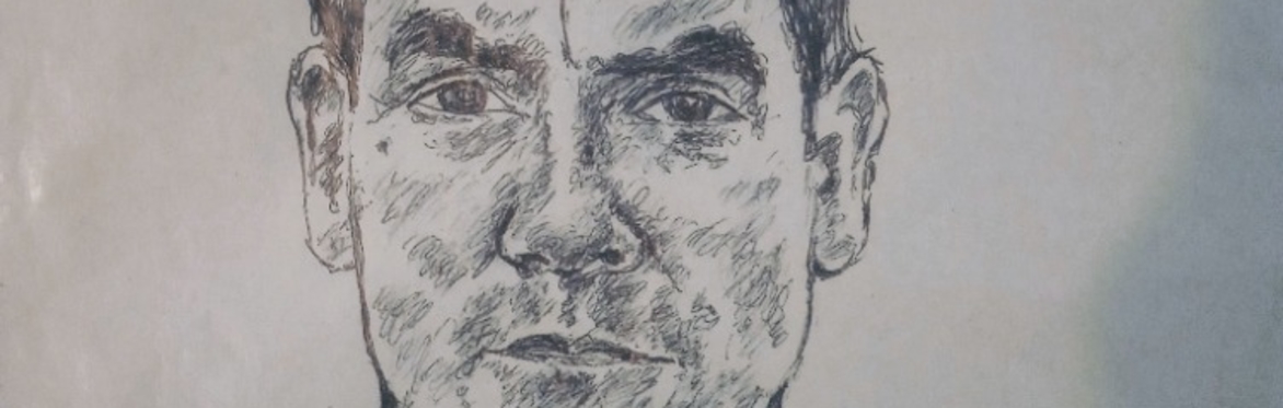 Biro portrait sketch on a brown paper bag, showing a head-and-shoulders drawing created in Mik Artistik's distinctive observational style. The artwork is an example of the paper bag portraits featured