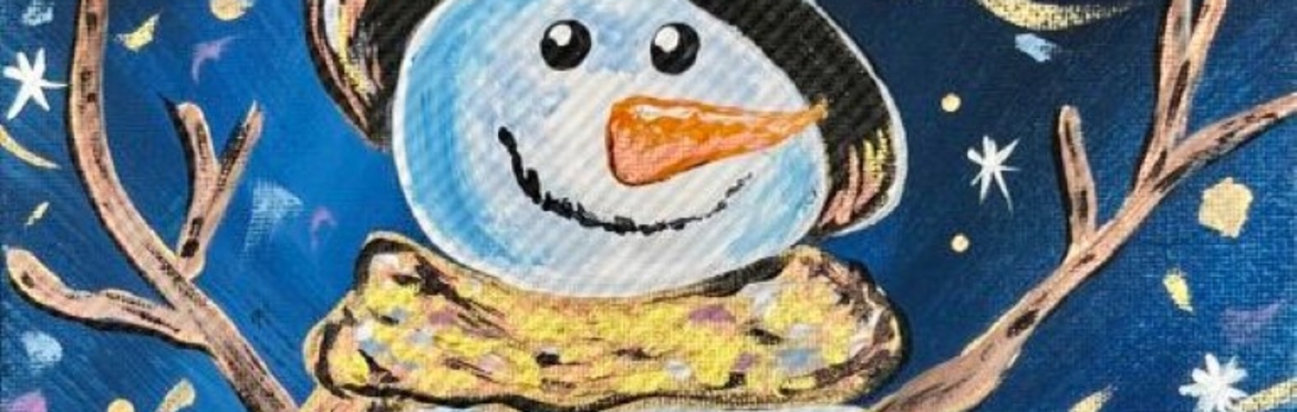 A smiling snowman with a gold scarf and hat on a blue background filled with sparkling stars and confetti.