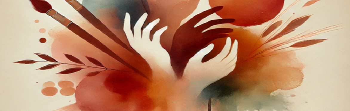 artwork with hands and paintbrushes in red