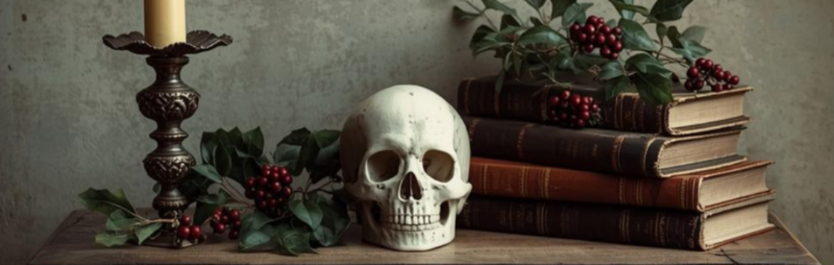 Image of a skull, books, holly with berries and a candlestick.at, cloak, stoic face. Has a beard and mistach. Backround of wall with some a small amound of wood.