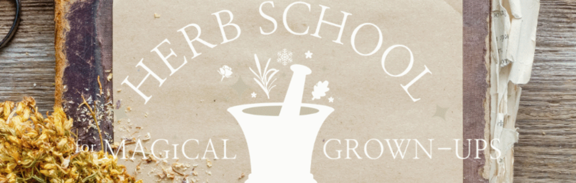 Herb book with the wording Herb School for Magical Grown Ups overlaid