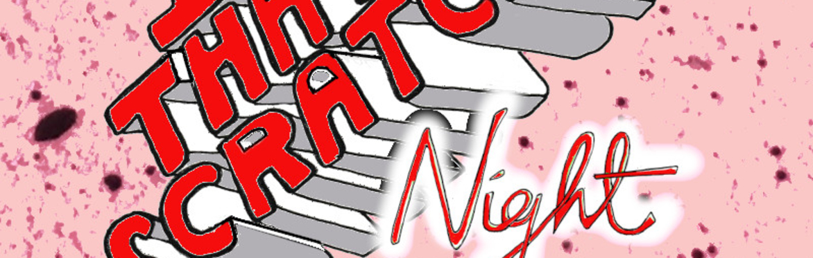 A pink background covered in little dots & marks,with a slanted 3D word art style hand drawn writing that reads Itch that Scratch in bright red, and then Night in a skanted handwriting style beneath.