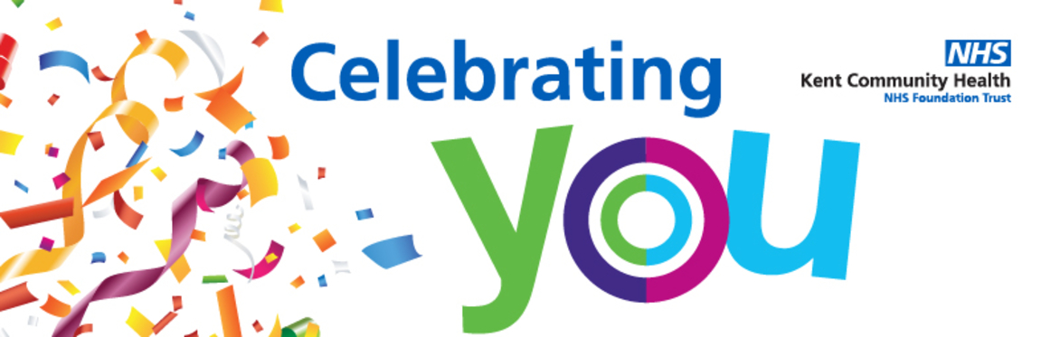 Celebrating you text surround by colourful party streamers