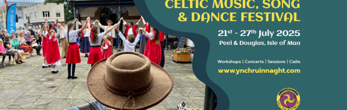 In the distance behind a musician wearing a brown hat, there are Manx dancers dressed in white and red holding hands in a circle outside the House of Manannan in Peel.