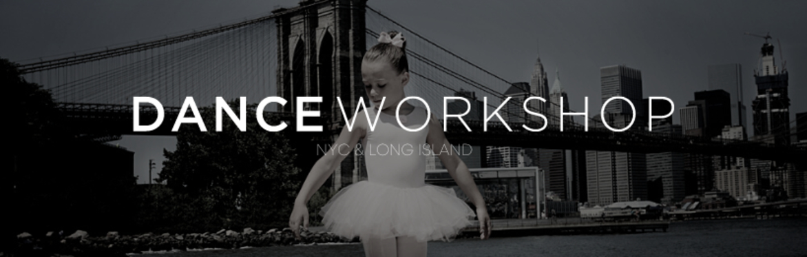 Logo for Dance Workshop featuring a young girl in ballet attire with the Brooklyn Bridge in the background.