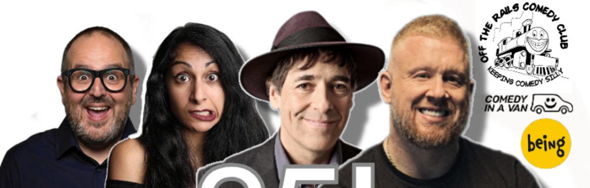 Paul Smith, Mark Steel, Seeta Wrightson and Justin Moorhouse next to an Off The Rails Comedy Club, Saddleworth logo