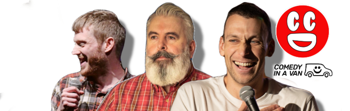 David Eagle, Mick Ferry and Michael Shafar next to a Didsbury Comedy Club logo