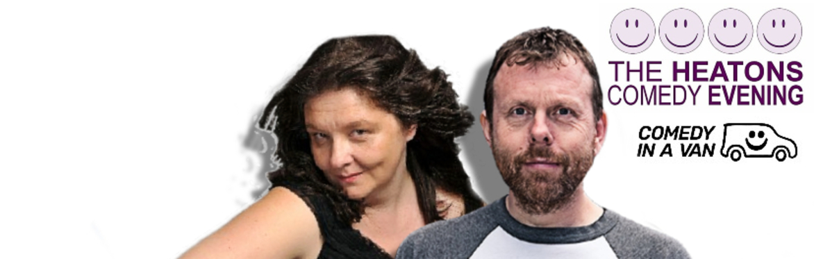 Maureen Younger & Michael Legge next to a Heatons Comedy Club logo