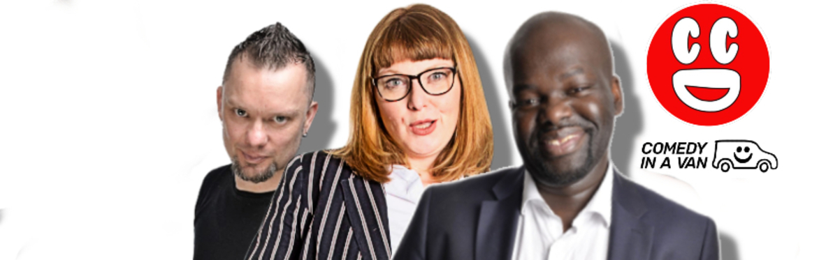 Sully O'Sullivan, Nina Gilligan & Daliso Chaponda next to a Didsbury Comedy Club logo