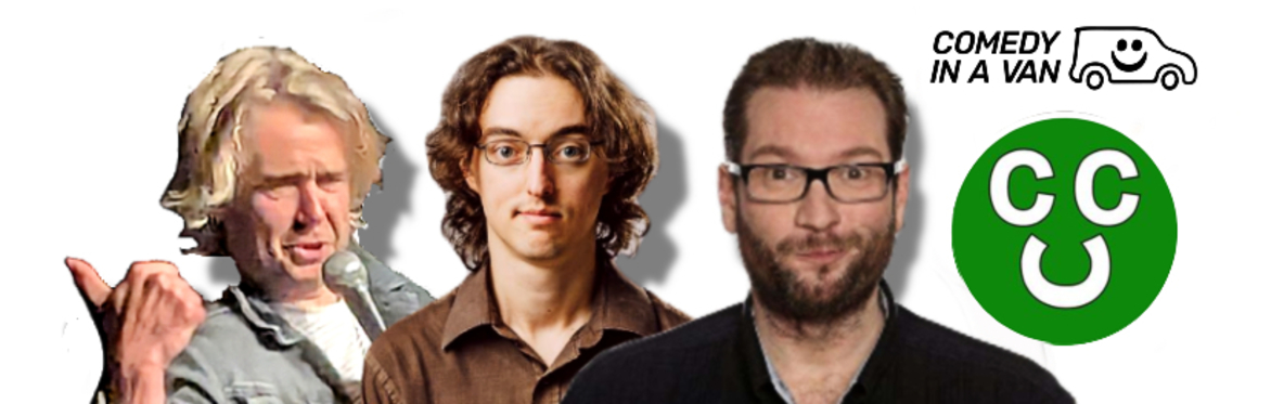 Rob Rouse, Gary Delaney & Peter Brush next to a Chorlton Comedy Club logo
