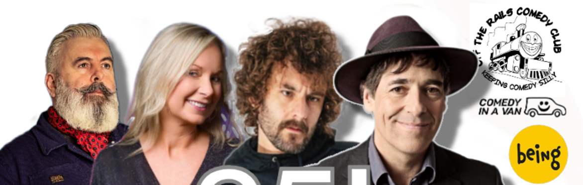 Mark Steel, Josh Pugh, Jules O'Brian and Mick Ferry next to an Off The Rails Comedy Club, Saddleworth logo
