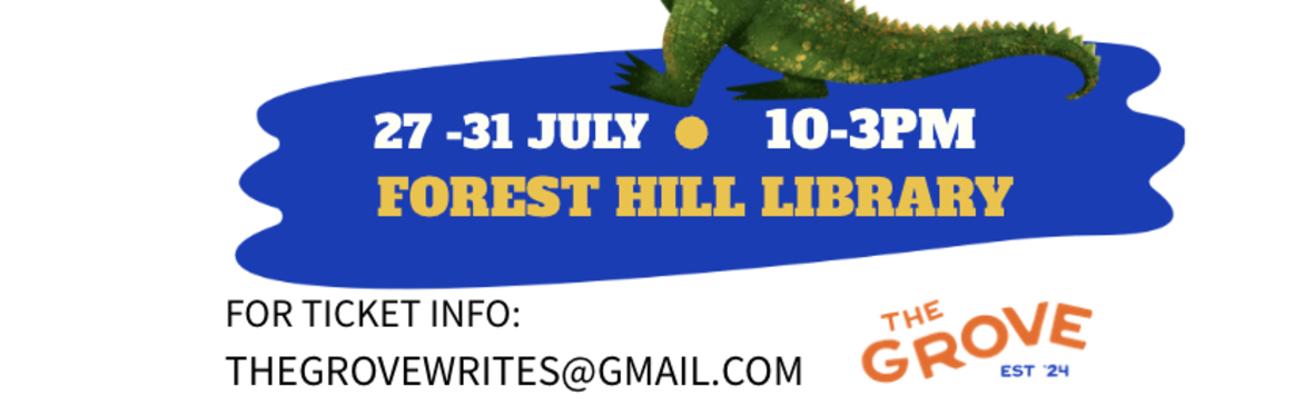 A yellow background with a burst of light blue that reads 11-15 August, 10-1pm at the Forest Hill Library with images of a tree and a marshemellow over a campfire