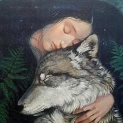 A woman with dark hair embraces a wolf, both with eyes closed, amidst ferns and a starry background.