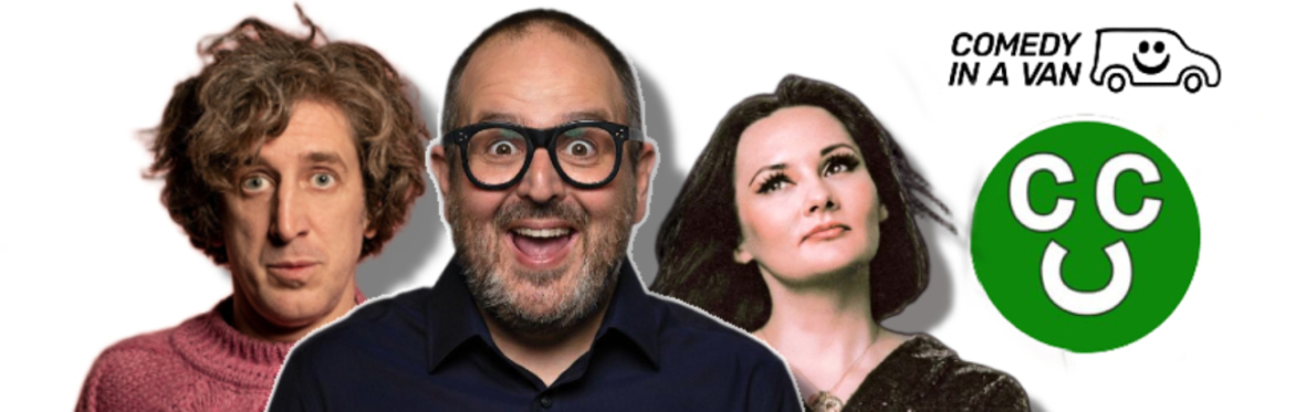 Tom Wrigglesworth, Justin Moorhouse & Rachel Fairburn next to a Chorlton Comedy Club logo.