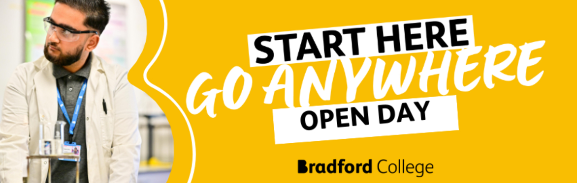 Promotional banner with the text “START HERE, GO ANYWHERE – Open Day” featuring a male student in a science lab.