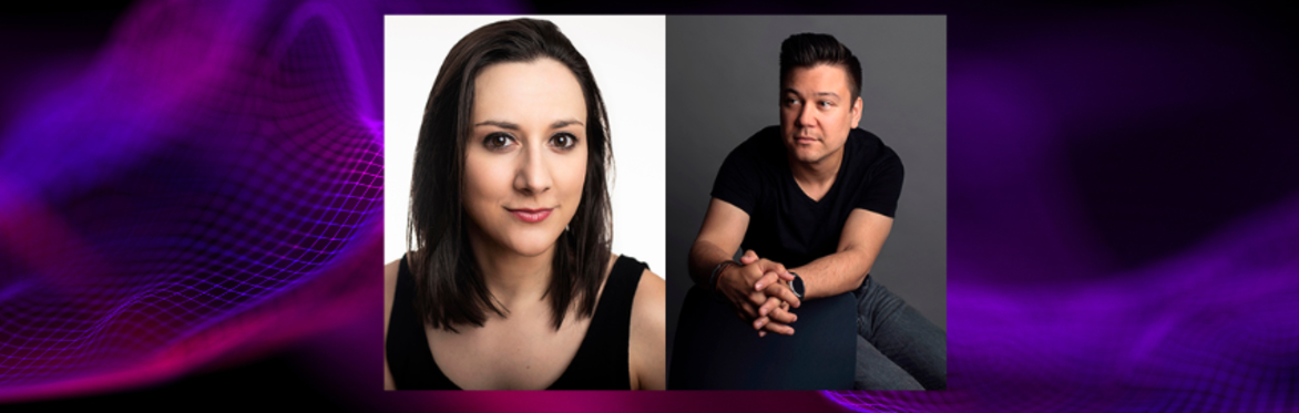 A side-by-side image featuring two individuals against separate studio backdrops. The person on the left has shoulder-length dark hair and is wearing a sleeveless black top, photographed in bright, ev