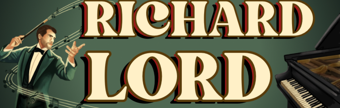 The magician Richard Lord waving a magic wand and conjuring music notes, standing beside his name and a grand piano.