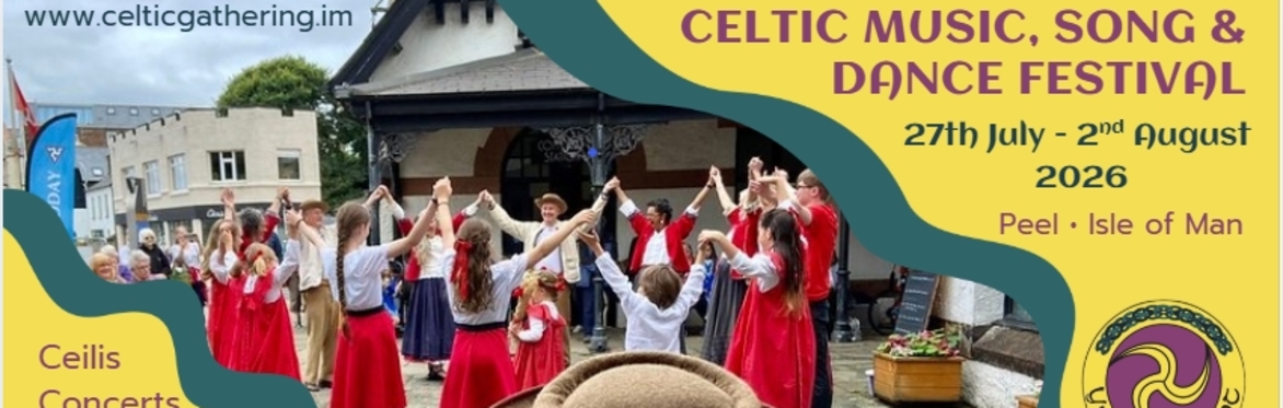 In the distance behind a musician wearing a brown hat, there are Manx dancers dressed in white and red holding hands in a circle outside the House of Manannan in Peel.