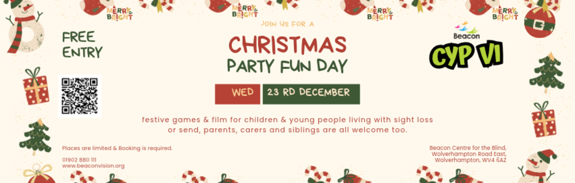Festive event header image advertising a Christmas Party Fun Day for children and young people living with sight loss & SEND, offering free entry and welcoming parents, carers, and siblings. Hand-draw