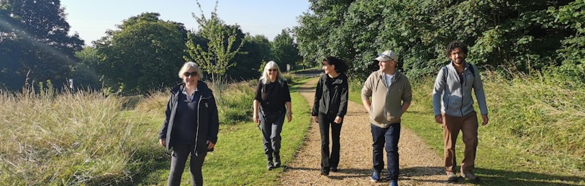 Group of 5 people walking and enjoying wildlife mindfully on a sunny day