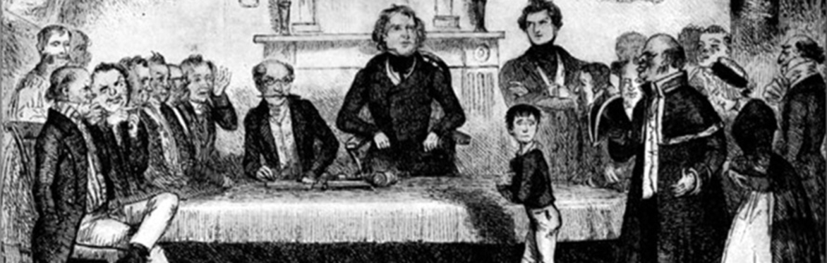 A black and white drawing of a group of men dressed in frock coats sitting around a table. A small boy stands in front next to what looks like a parish beadle. There is woman standing on the right beh