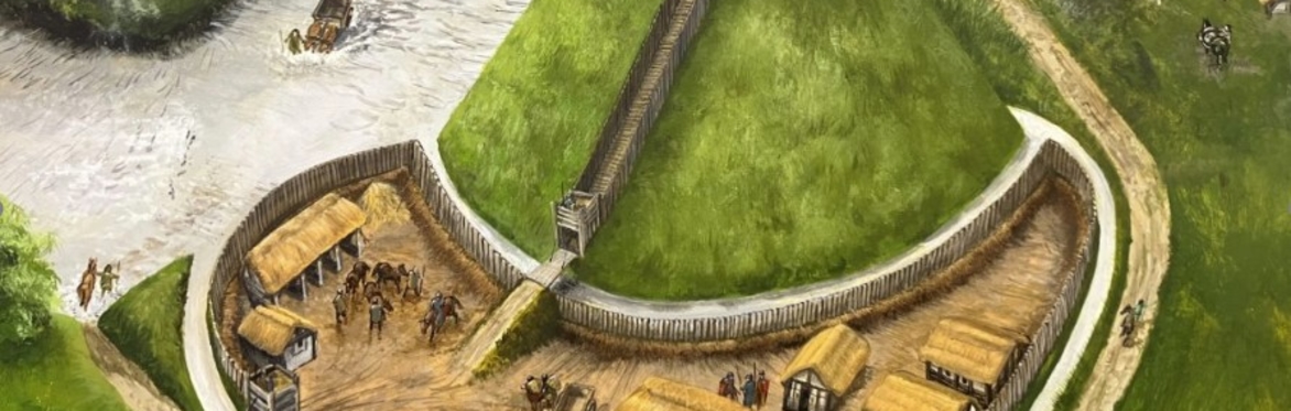 Painting of what the town's medieval motte and bailey could have looked like.