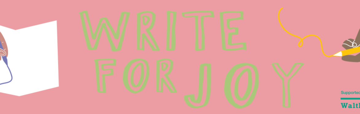 Pink banner showing books and hands