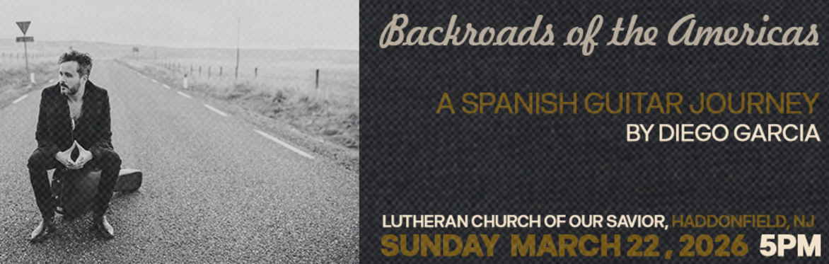 Black-and-white promotional image of Spanish guitarist Diego García seated on his guitar case in the middle of an empty rural road.
