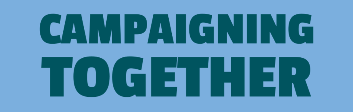 Blue background and says campaigning together - an online get together for Fair Trade groups and communities to share action, challenges and make connections. Scottish Fair Trade logo at bottom.