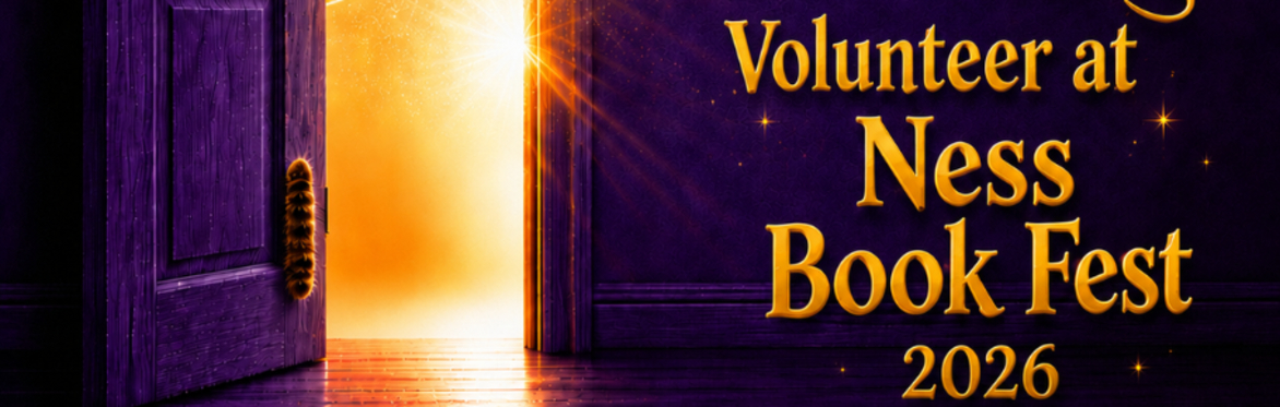 Purple background with yellow writing that says 'Volunteer  with NESS BOOK FESTIVEL 26"