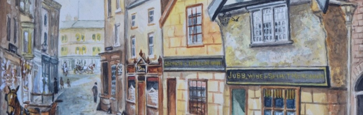 A painting of the outside of an old fashioned pub.