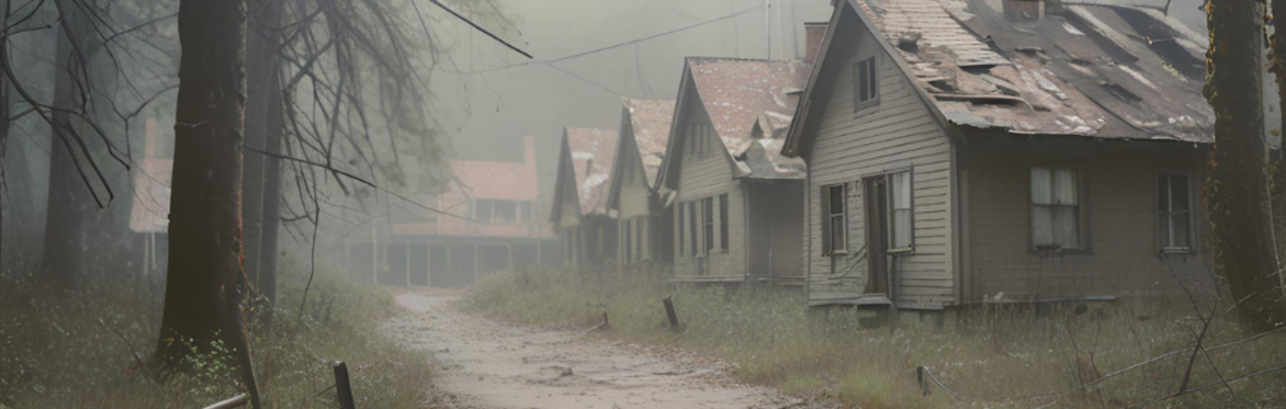Dirt road in the woods with run down cabins on the right
