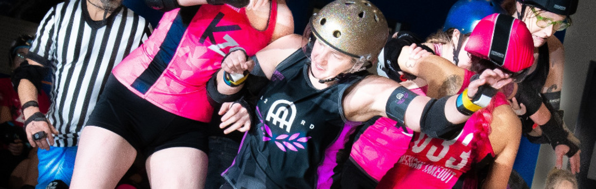 A2 Roller Derby player slamming into opposing player.