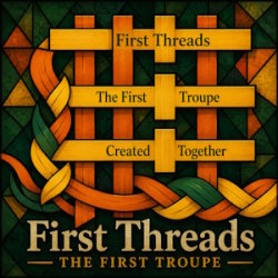 First Threads troupe graphic with woven orange, gold and green ribbons and the words “The First Troupe — Created Together.”