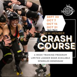 A Peach State Skater going through a high five tunnel after a bout. The dates for the new skater workshop are listed as well as a logo for Peach State Roller Derby.