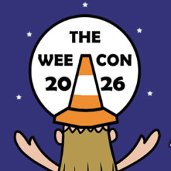 Blue background with cartoony image of Buttons from OFMD facing a full moon with a traffic cone on his head. text gives the details of the con schedule and location