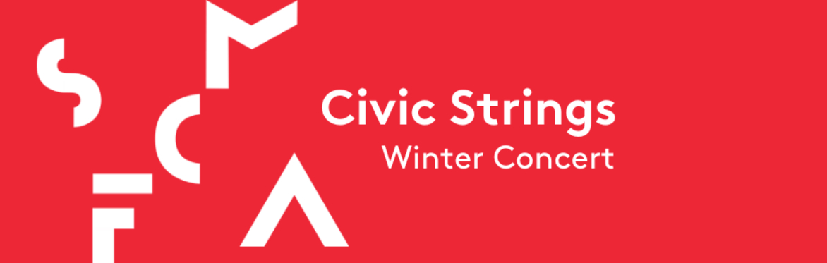 Red background, SFCMA logo in white. Also in white is "Civic Strings: Winter Concert"