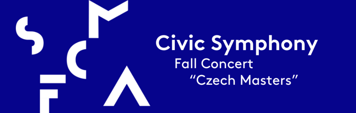 Dark blue background. Left is the San Francisco Civic Music Association logo. Center is "Civic Symphony" and the text "Fall Concert: Czech Masters"