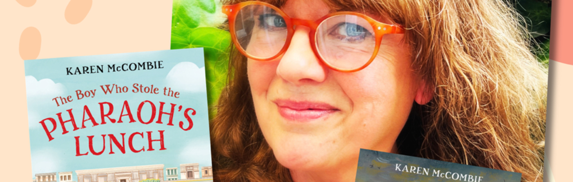 Author Karen McCombie with images of her Barrington Stoke books