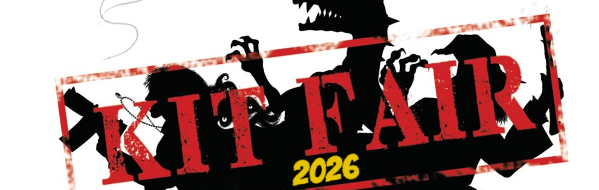 LarpCon logo - A silhouette of 3 adventurers, dragon, wizard and space rogue, dated 2026 and stamped in red with "kit fair"
