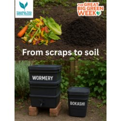 A wormery bin and a bokashi bin in a garden