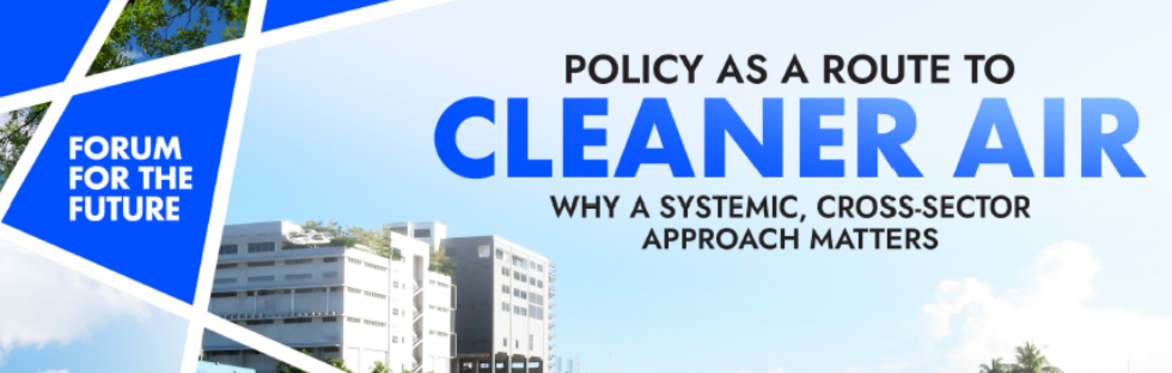 Bright blue background with two white houses in the background. Forum for the Future's logo on the left (blue) and title of the report in the centre with "Cleaner Air" in bold and blue.