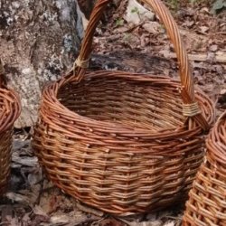 A close up of a willow basket with a handle made by Coppicing Suz the course leader.
