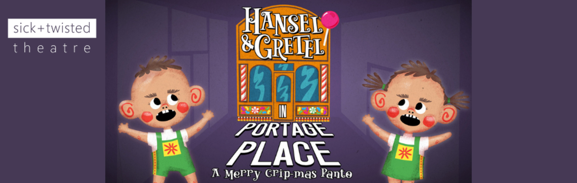Text reads Hansel & Gretel on top of a gingerbread archway and a pink lollipop.