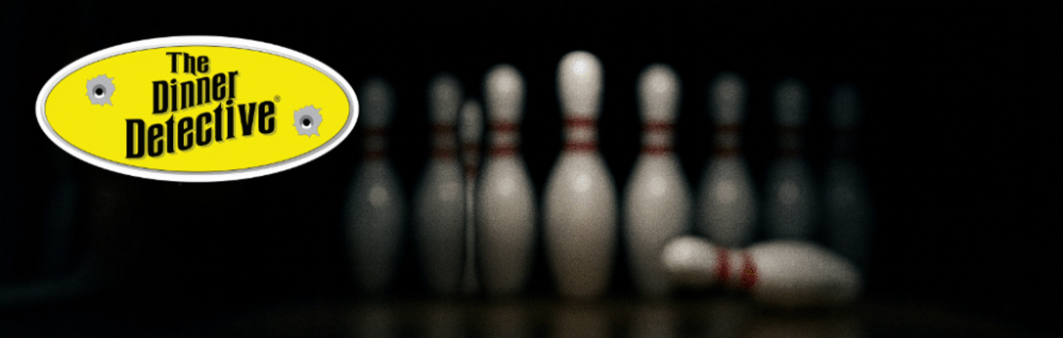 A dark bowling alley with nine pins and a ball, one pin knocked over. Large yellow text reads Game Over. The Dinner Detective logo is in the top left corner. A small pool of blood is on the floor.
